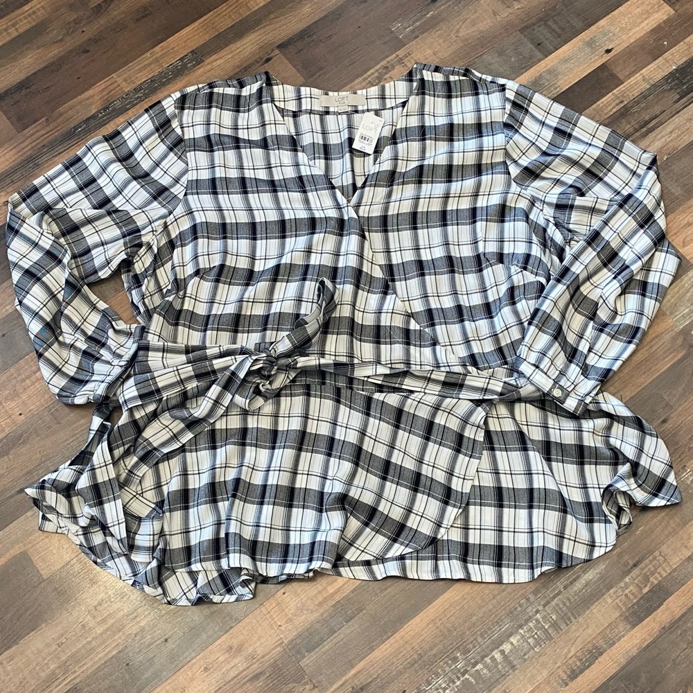 Women’s Loft Plaid Peplum Top with Wrap Belt
